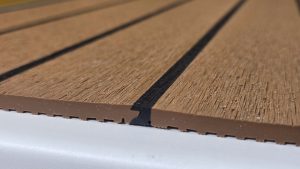 Close-up of heat welded seam on synthetic PVC teak decking