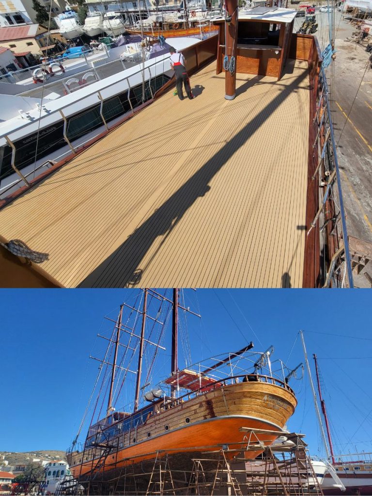 Deck of a tour boat in Greece covered with Isoteak artificial teak decking